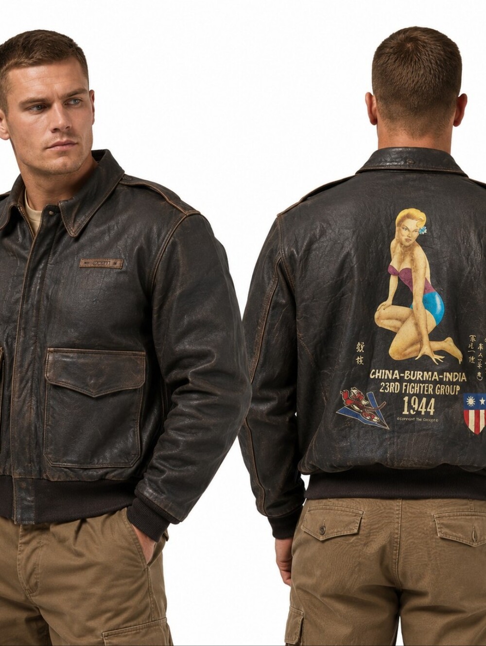 Cockpit USA A2 Leather Bomber Jacket XXL WWII‎ 23rd Fighter Group Map Nose Art